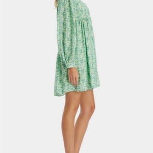 Moon River Green Floral Long Sleeve Babydoll Mini Dress